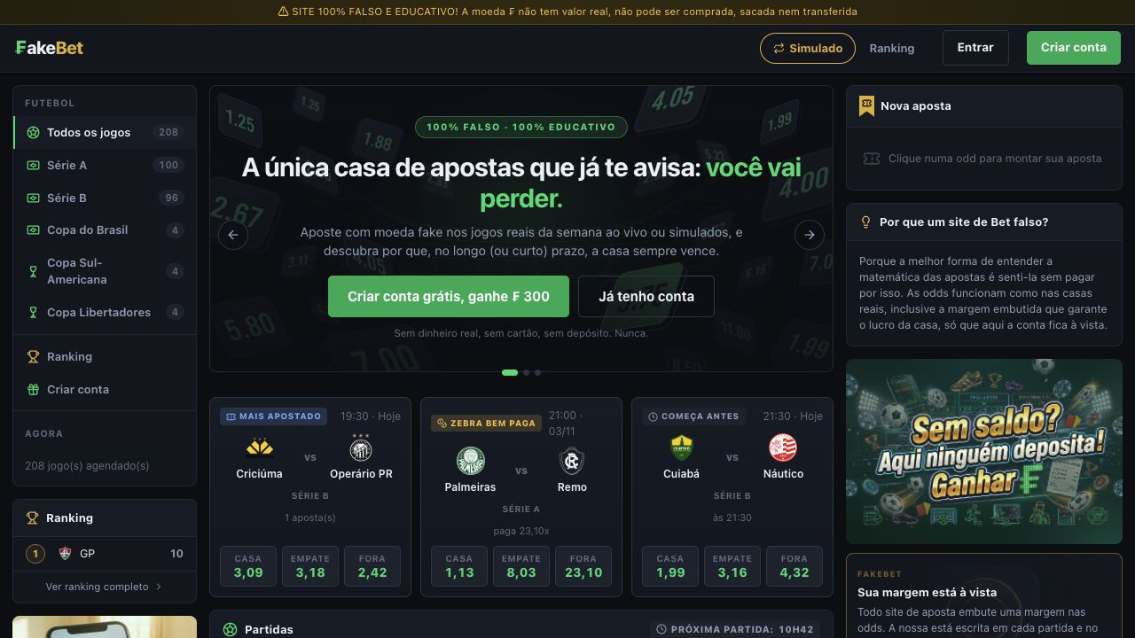 FakeBet page showing simulated sports betting with fictional currency and an explanation of the risks